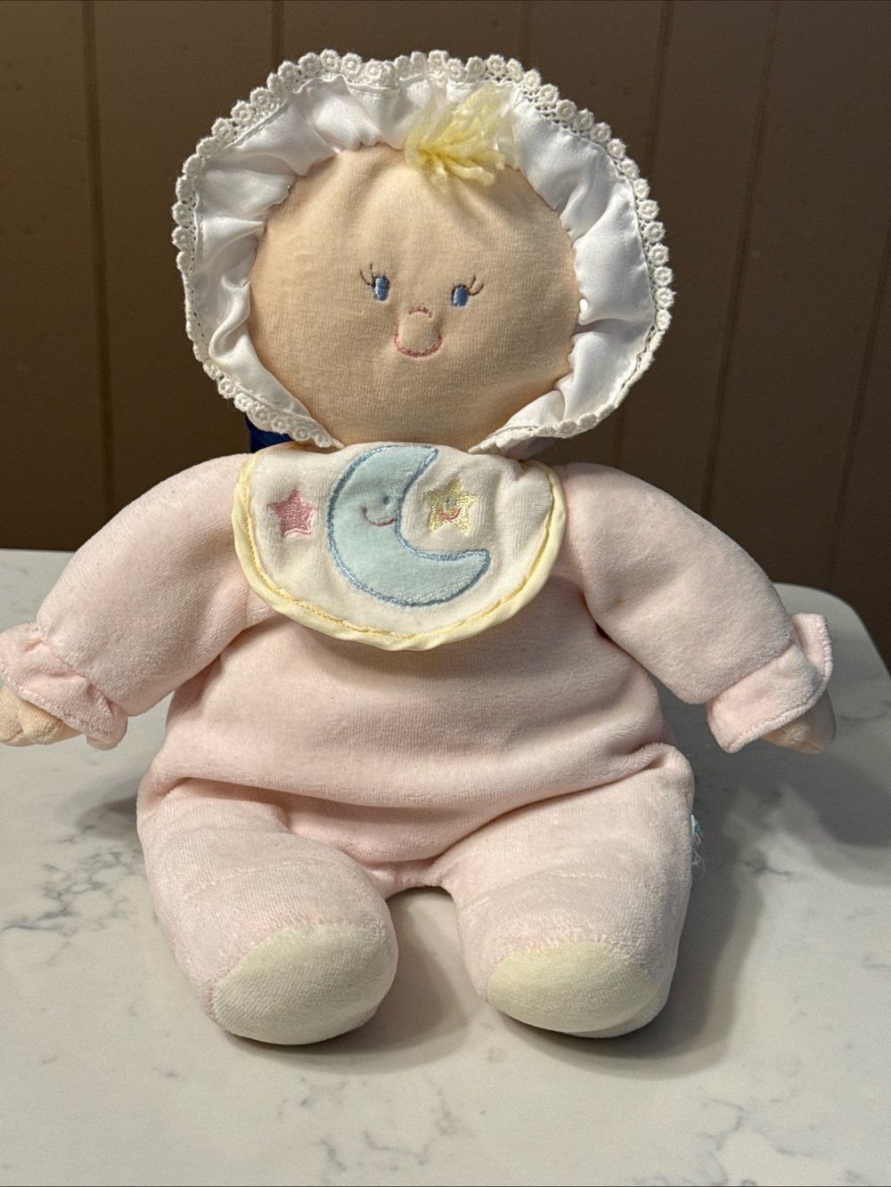 Vtg RARE Russ Berrie Babette Blond Cloth Plush Doll Rattle Bonnet Bib Moon Stars